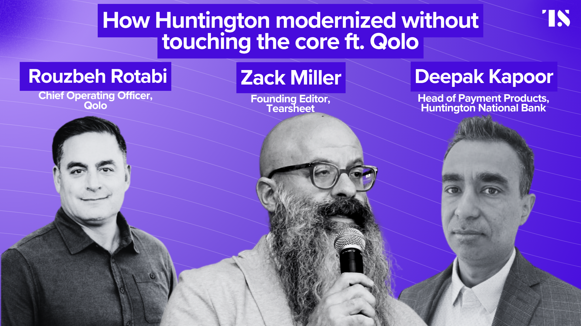 Huntington National Bank and Qolo logos with virtual account infrastructure diagram overlay