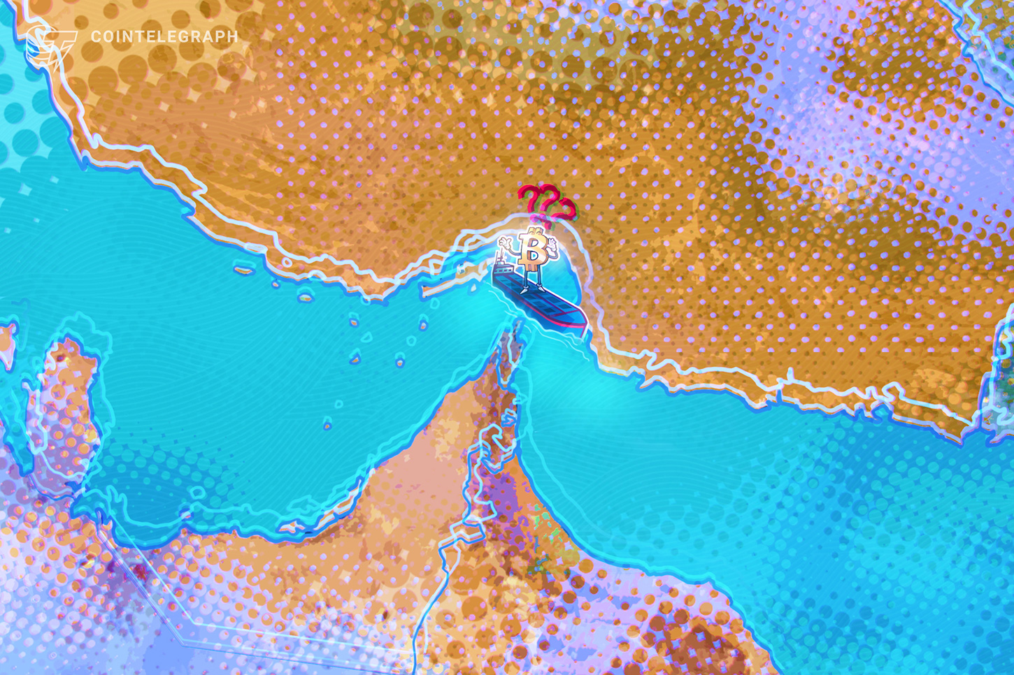 Oil tanker in Strait of Hormuz with glowing Bitcoin symbol and sanction evasion chains breaking