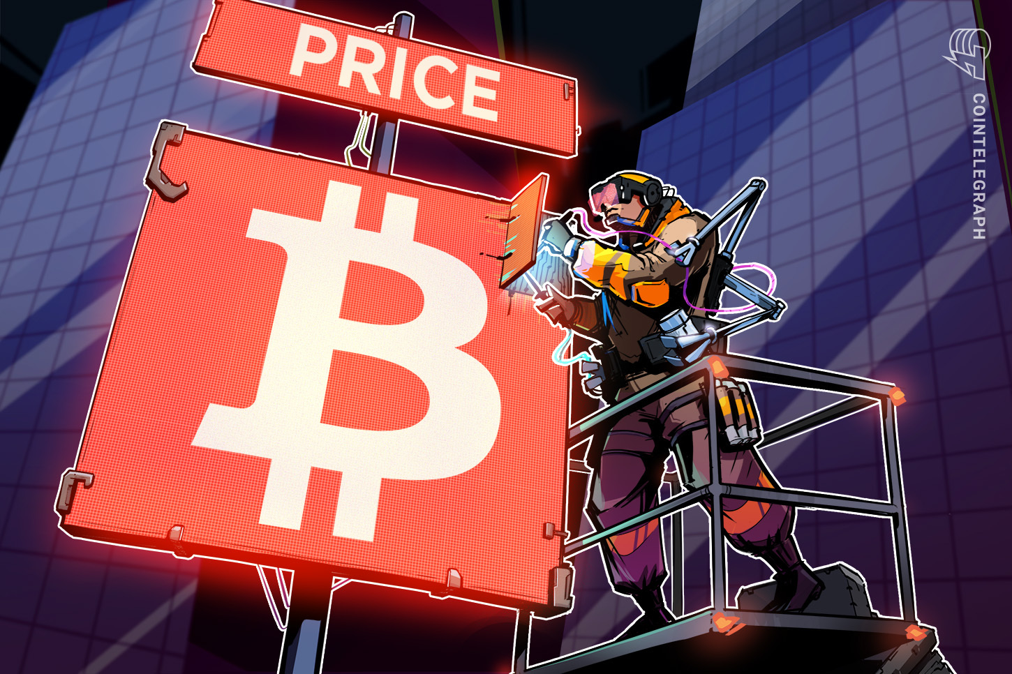 Bitcoin logo with a downward trending price chart superimposed, juxtaposed against a rising stock market graph.