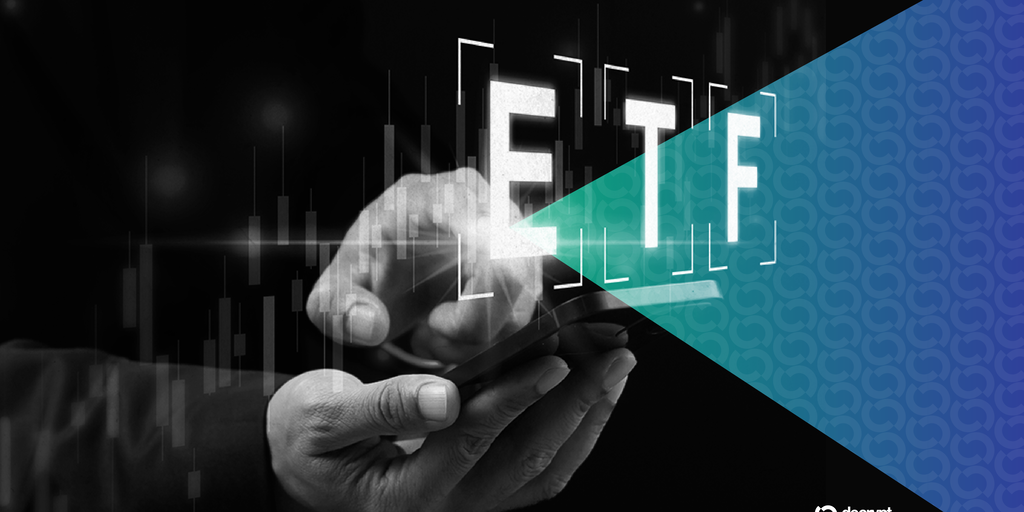 A graphic showing diverging arrows, one pointing down labeled 'Bitcoin/ETH ETFs' and another pointing up labeled 'Hyperliquid ETFs'.