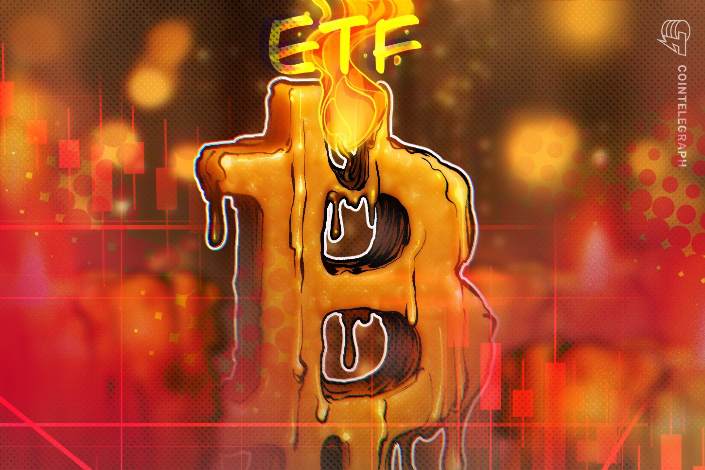 A downward trending stock chart overlaid with Bitcoin logo.