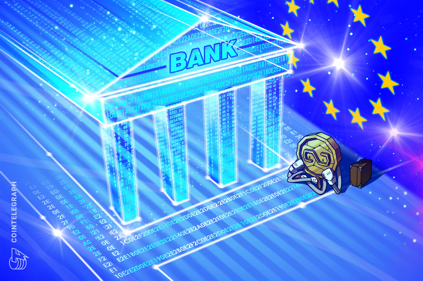European Central Bank building with digital currency symbols overlaid