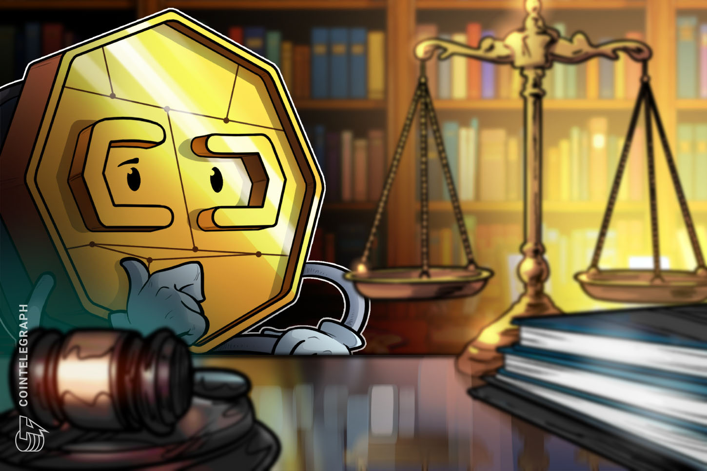 A gavel rests on a stack of legal documents next to a crypto coin.