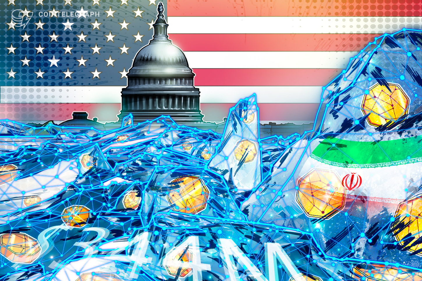 A digital ledger graphic with a padlock icon and the Iranian flag subtly overlaid.