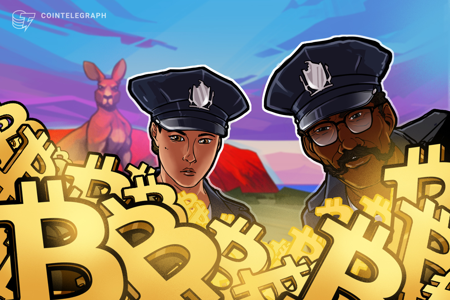 Australian police officers in uniform stand near a display showing cryptocurrency symbols and wallet addresses.