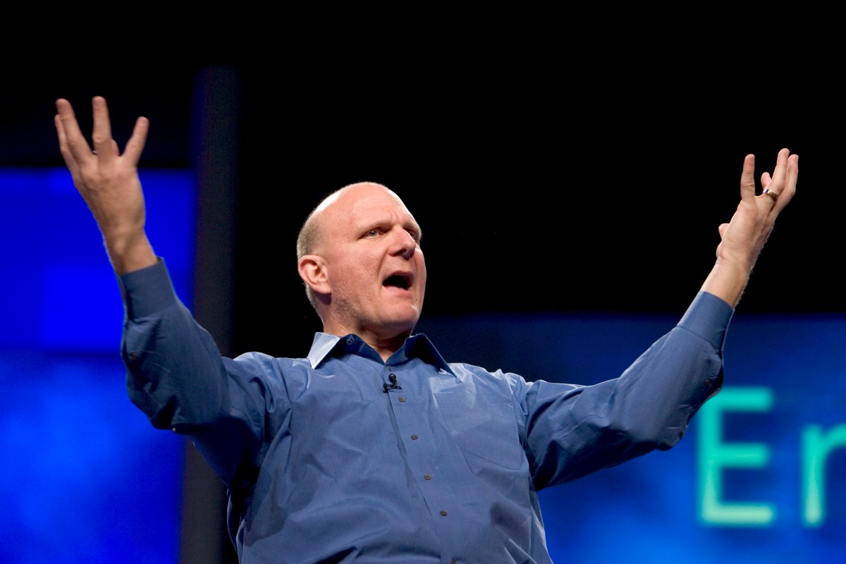 Steve Ballmer speaking at event, with Aspiration logo and fraud headlines overlay