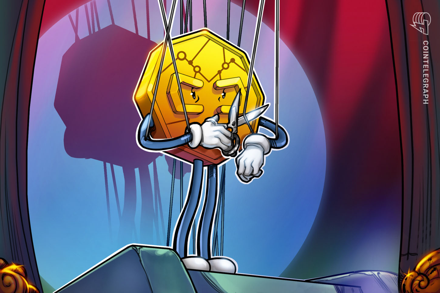 A gavel striking down on a pile of digital cryptocurrency coins.