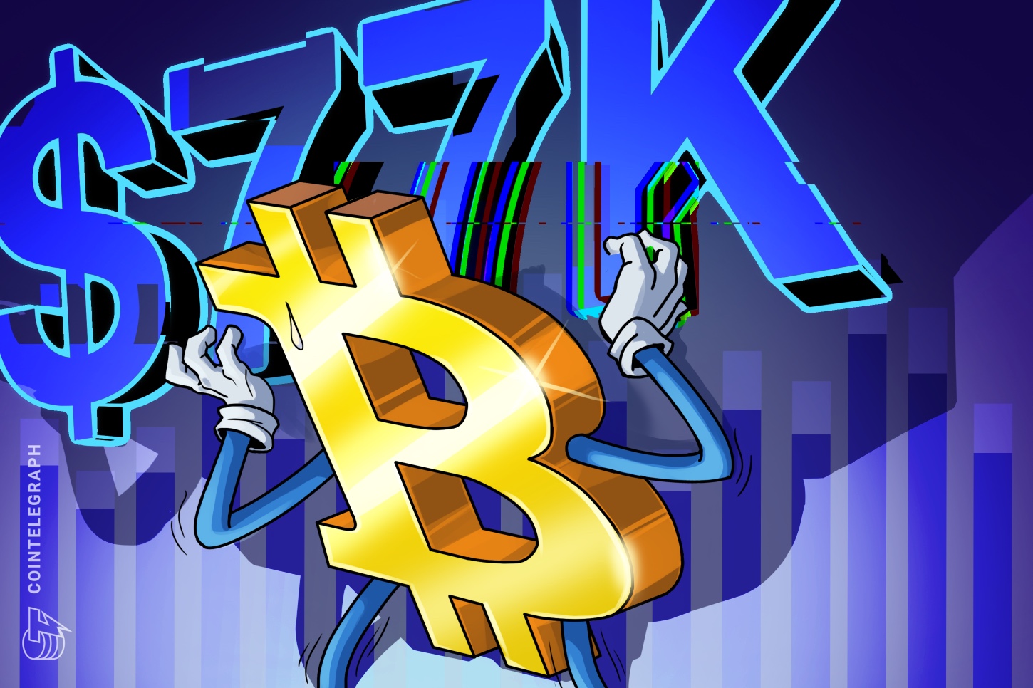 A stylized graphic depicting Bitcoin's price chart with sharp upward and downward movements, overlaid with abstract representations of market volatility and geopolitical symbols.