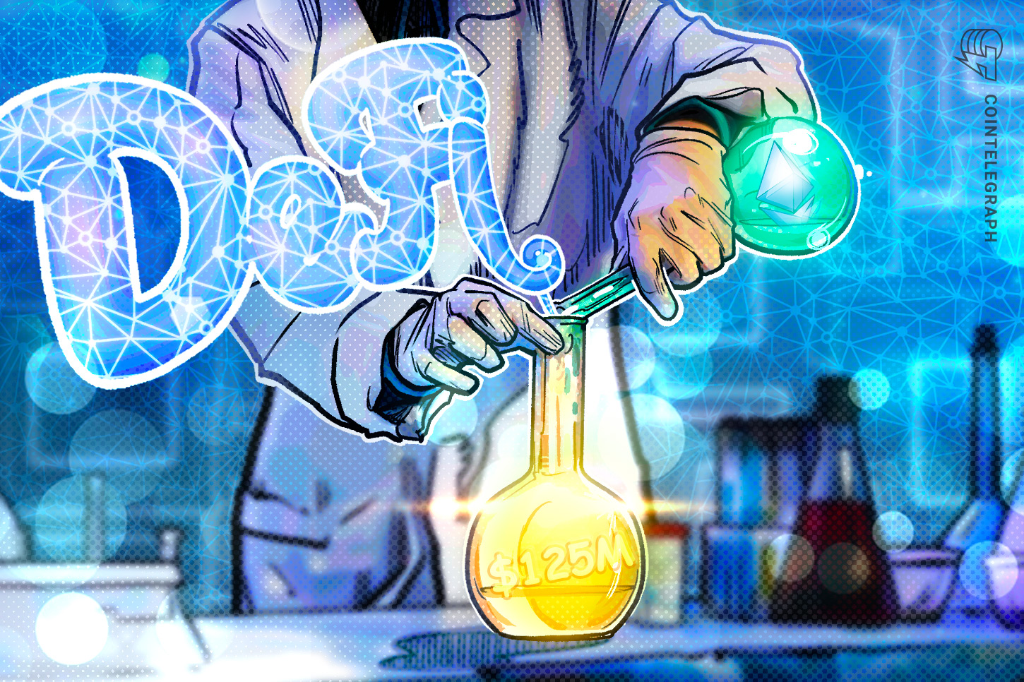 An abstract digital art piece representing interconnected nodes and glowing lines, symbolizing decentralized finance and blockchain networks.