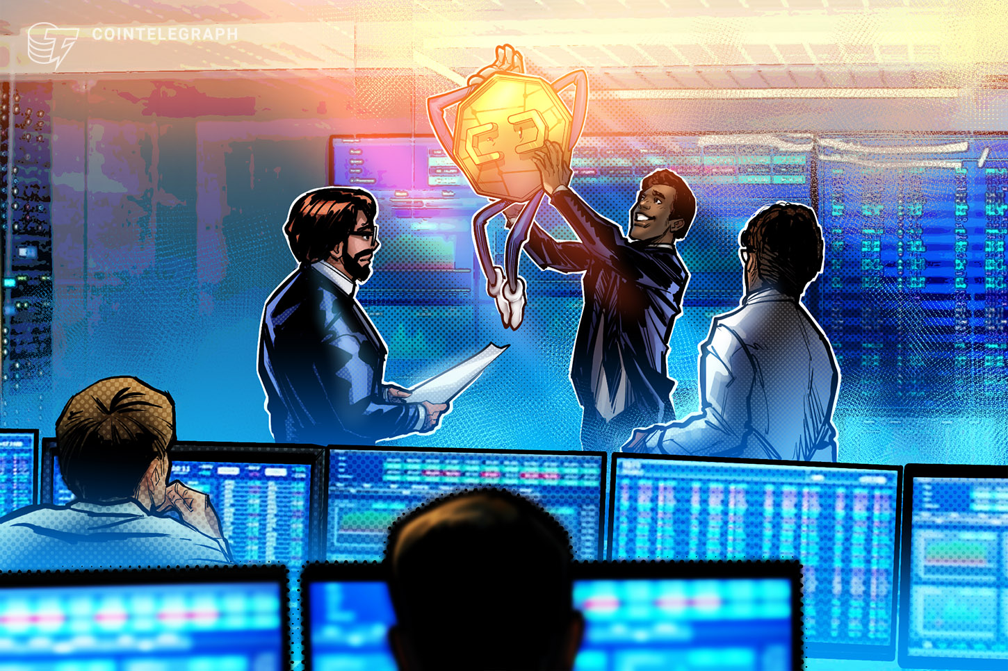 Financial charts and cryptocurrency symbols interwoven, representing the intersection of traditional finance and digital assets.